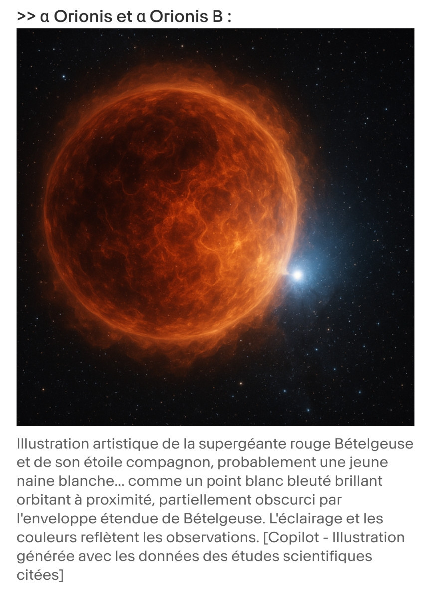 Décidément, la RTS aime bien les IA génératives. Voici une vue d'artiste de Bételgeuse et son compagnon qui échangent de la matière. Alors que rien, nulle part, ne suggère que c'est le cas.
La séparation entre Bételgeuse et son compagnon devrait de plus être égale au rayon stellaire de Bételgeuse.
Et le pire du pire : le compagnon est désigné comme une naine blanche ! Une naine blanche, c'est le cadavre d'une étoile semblable au Soleil. Le compagnon est censé être une étoile de type solaire en formation : une proto-étoile ! Décidément, la RTS aime bien les IA génératives. Voici une vue d'artiste de Bételgeuse et son compagnon qui échangent de la matière. Alors que rien, nulle part, ne suggère que c'est le cas.
La séparation entre Bételgeuse et son compagnon devrait de plus être égale au rayon stellaire de Bételgeuse.
Et le pire du pire : le compagnon est désigné comme une naine blanche ! Une naine blanche, c'est le cadavre d'une étoile semblable au Soleil. Le compagnon est censé être une étoile de type solaire en formation : une proto-étoile !